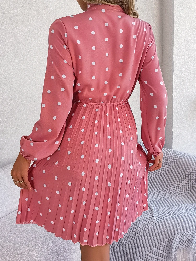 Vestido de princesa de lunares para mujer, Falda plisada de manga larga, cintura con cordones, temperamento rosa, primavera y verano, cumpleaños