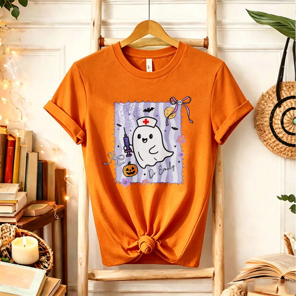 Cute Nurse Ghost Halloween Graphic T‑Shirt Stamp Style Ghost Nurse Cap Syringe Pumpkin Bat Bow Floral Spooky Medical Worker Tops