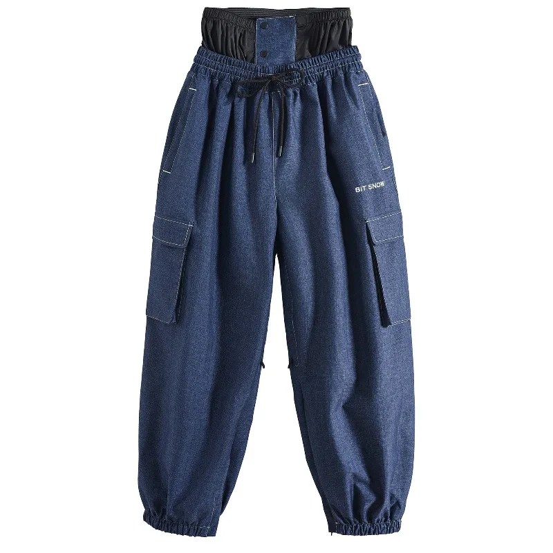 Snow Bit, Large Size Tooling, Snowboard Denim Ski Pants for Men and Women, Thickened Warm, Windproof and Waterproof.