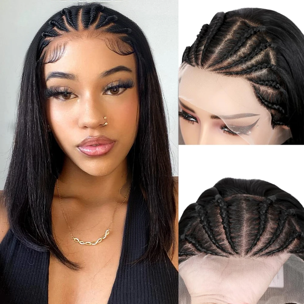 

13X4 Короткие Боб Плетеные Парики Фронта Шнурка Синтетический Конуроу Боб Парик Фронта Шнурка Плетеные Парики Ручной Работы Короткие Прямые Парики Боб