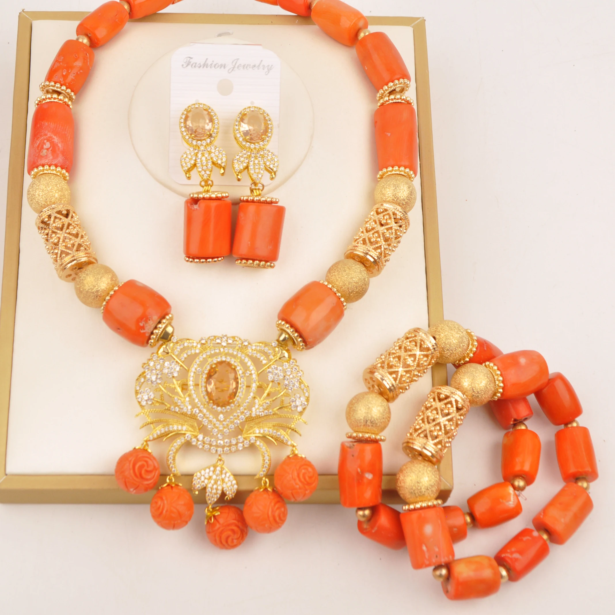 

Wedding necklace Natural Coral Nigeria African Orange fashion jewelry series