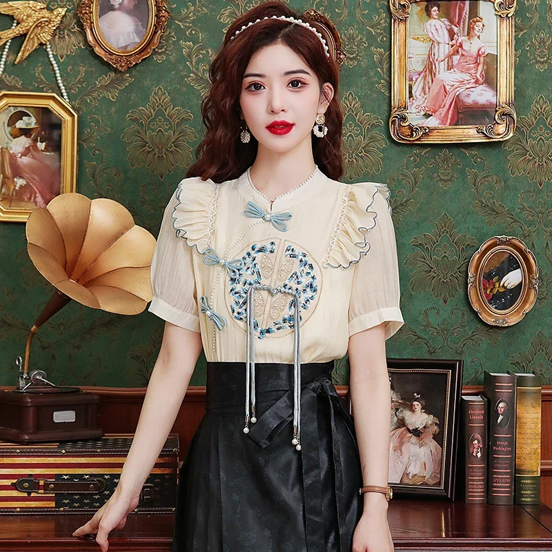 Chiffon Chinese Style Women Blouses Summer Patchwork Women's Shirts Embroidery Clothing Sales Loose Short Sleeve Ruffles Tops