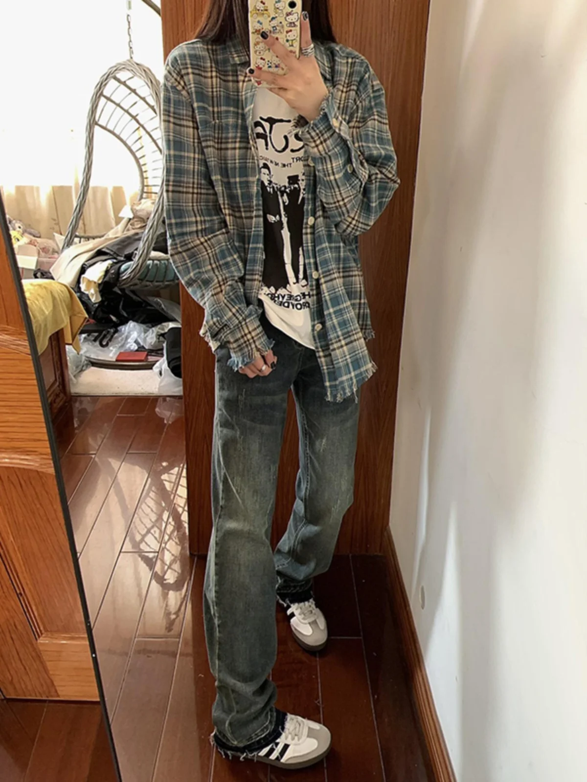 

Blue Men's Long Sve Sun Protection irt Casual Plaid Outerwear American Retro Summer Jaet Frayed Trendy Brand Cotton