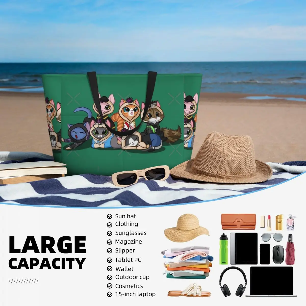 Bolsa de viaje de playa personalizable, bolso de mano, práctico, diario, regalo de cumpleaños, patrón multiestilo, lados, lijadoras de gato, Onesies