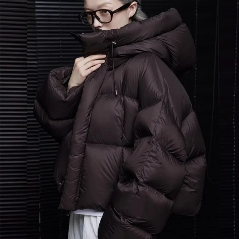 Piumino corto soffice da donna invernale ispessito manica lunga abbottonatura patch disegni design cappotto con cappuccio abbigliamento donna ampio