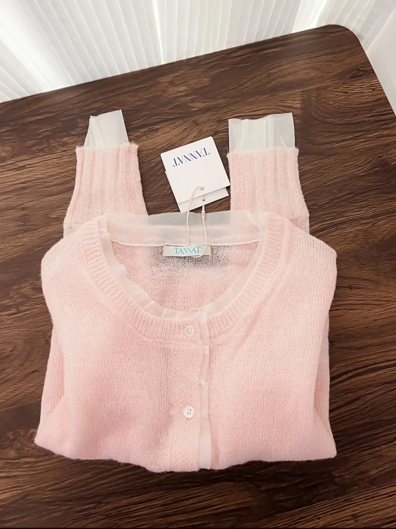 KADAIYA Dongda Gate Sweet Soft Pink Top Ruffle Splicing Short Knitted Open Cardigan Women Casual Loose Long Sleeve round Neck