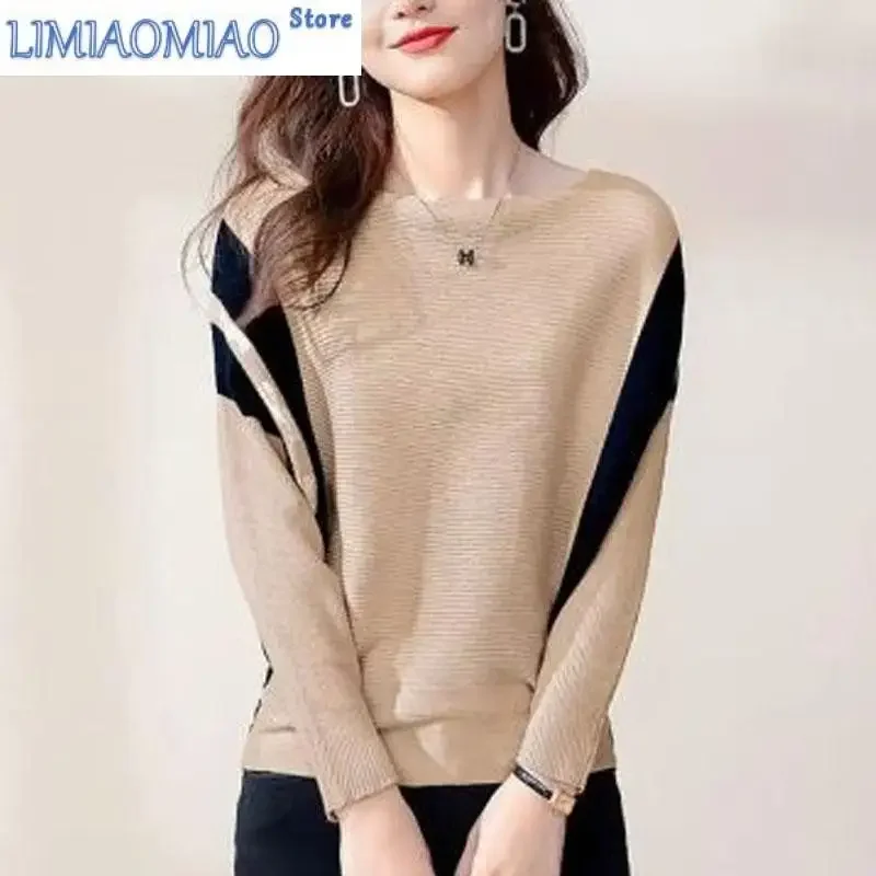 

New Spring and Autumn Fashion Trend Splice Round Neck Bat Sleeve Loose Versatile Contrast Color Casual Women's Knitted Sweater