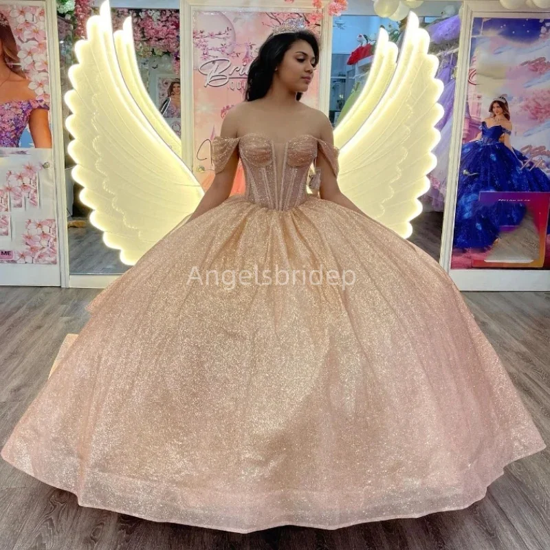 

Angelsbridep Glitter Tulle Champagne Vestido De 15 Años 2025 Ball Gown Sweet 16 Quinceanera Dress Evening Party Dresses