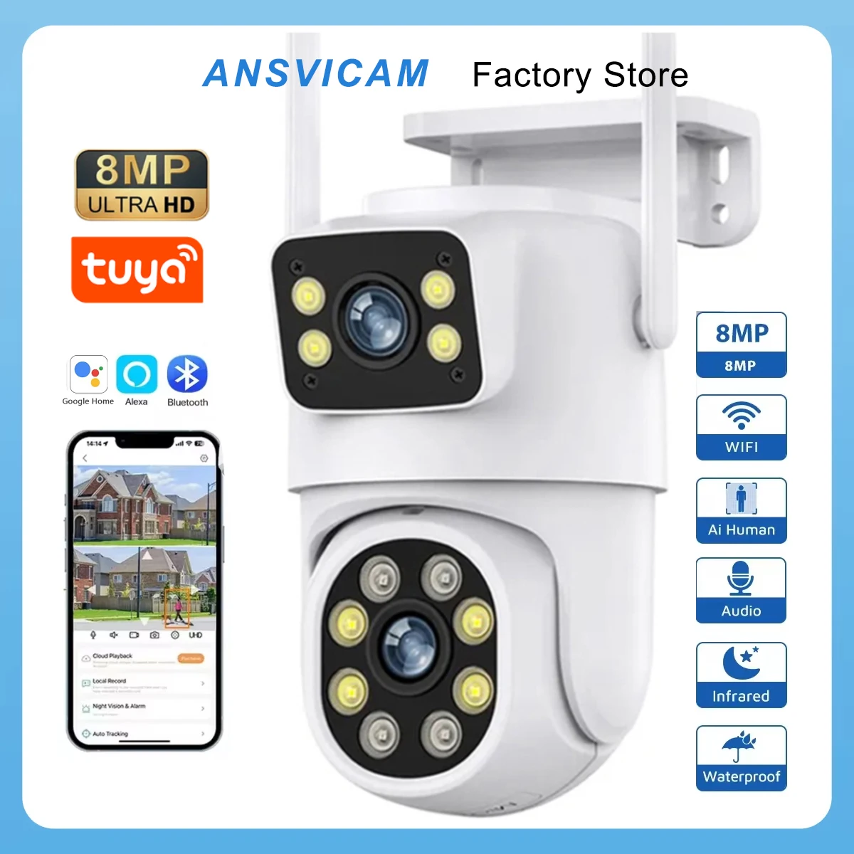 8MP Dual Lens WIFI Camera AI Auto Tracking PTZ WIFI Camera Outdoor Full HD Security Surveillance 4MP Dual Screen Tuya Compatible