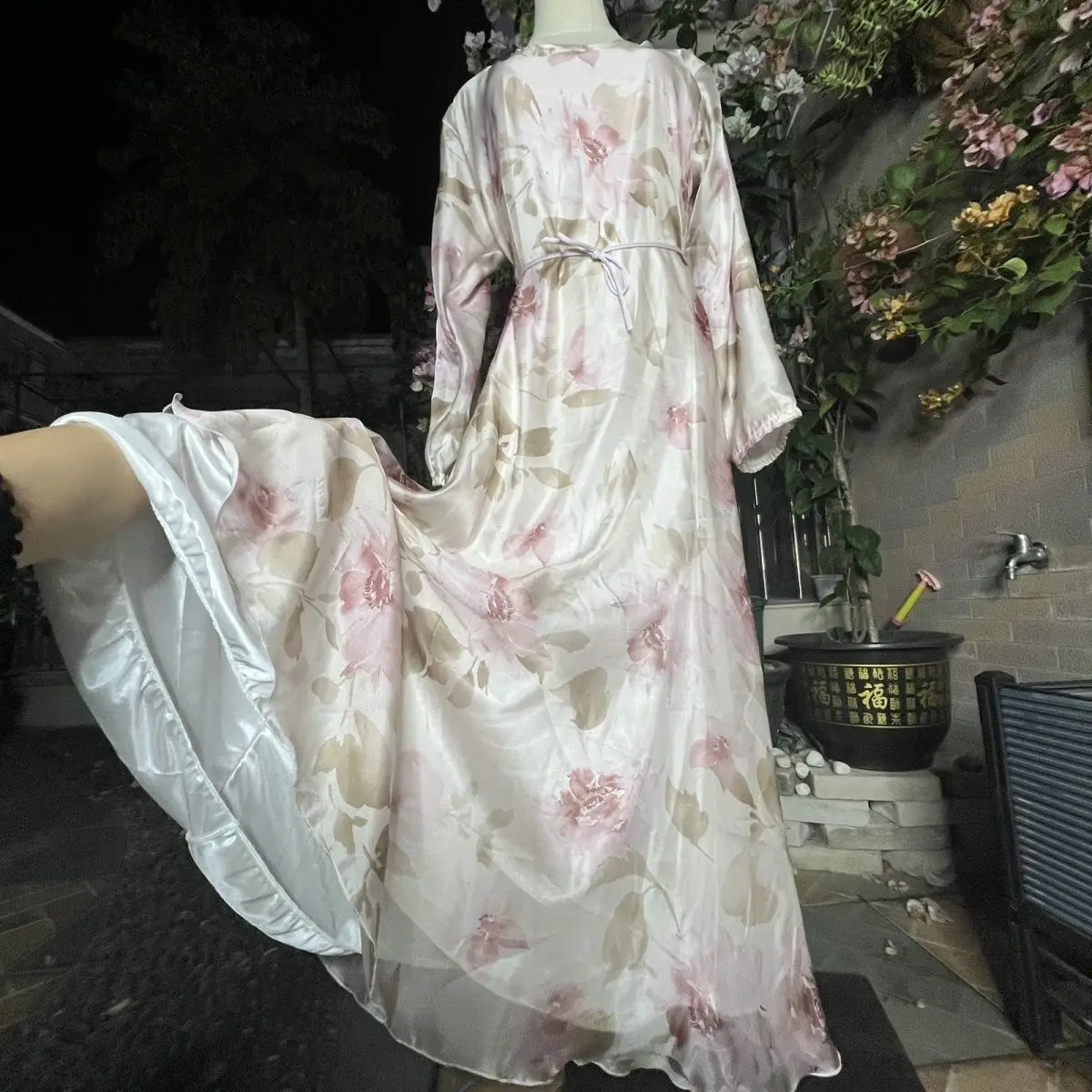 Floral Print 2 Layers Voile Outside Ice Silk inside Glossy Women Satin Ruffles Long Dress Loose Maxi Dress Elegant Dresses