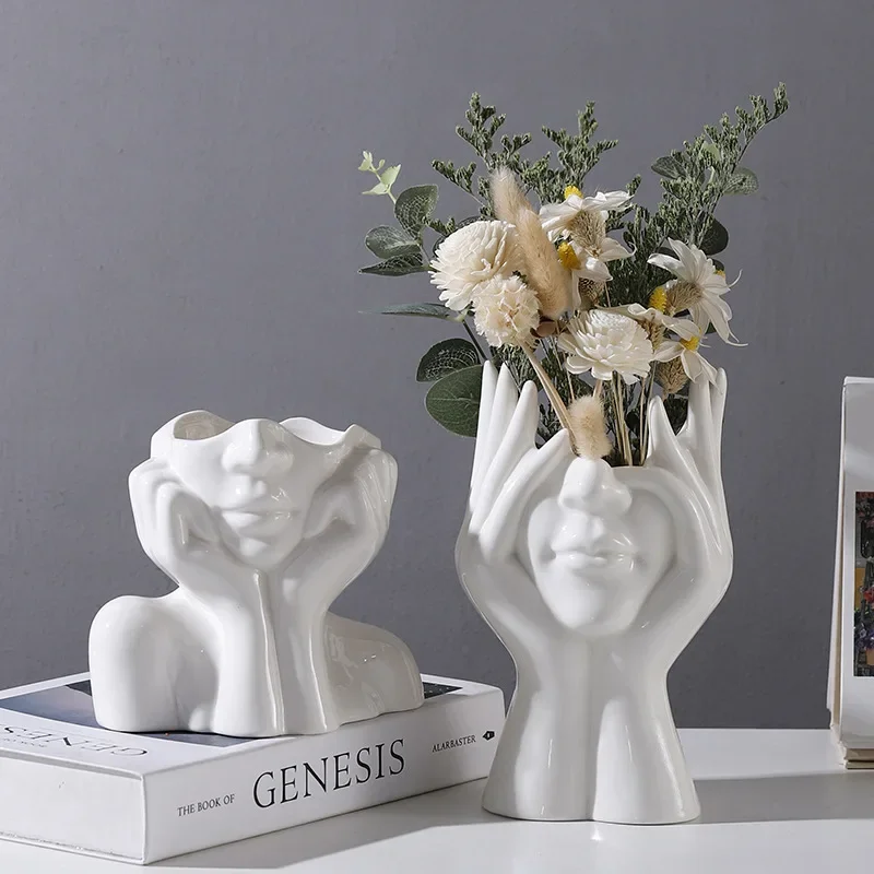 Ceramic vases, Nordic white creative facial art vase decorations, living room and home dry flower vases, fresh flower vase decor