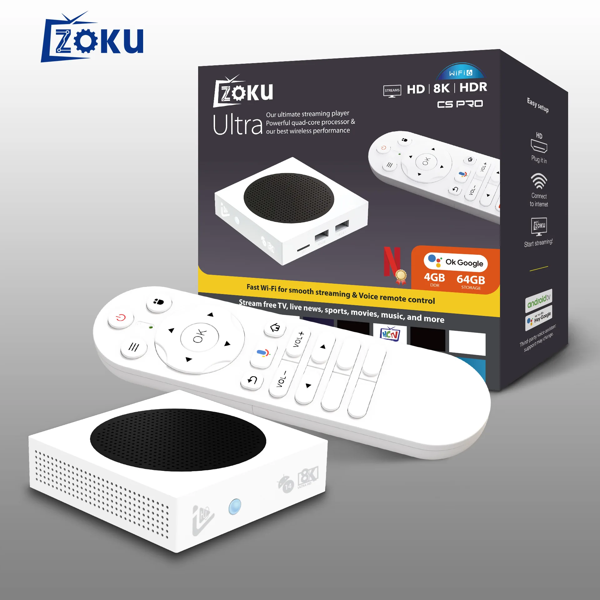 C5PRO 8K HD Android TV Box 4 ГБ ОЗУ 64 ГБ ПЗУ, двухдиапазонный Wi-Fi 6 (2.4G/5G), BT5.4, умный медиаплеер для домашнего кинотеатра с голосовым управлением