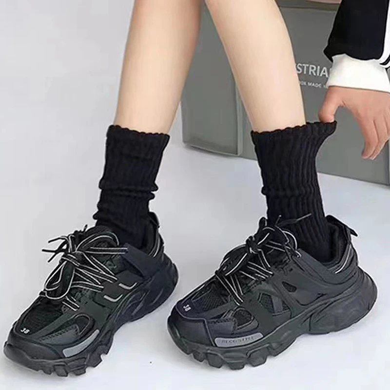 Women Socks Black White High Quality Mid-length Pile Up Socks Spring Autumn Simple Trends Casual Cotton Sports Middle Tube Sock