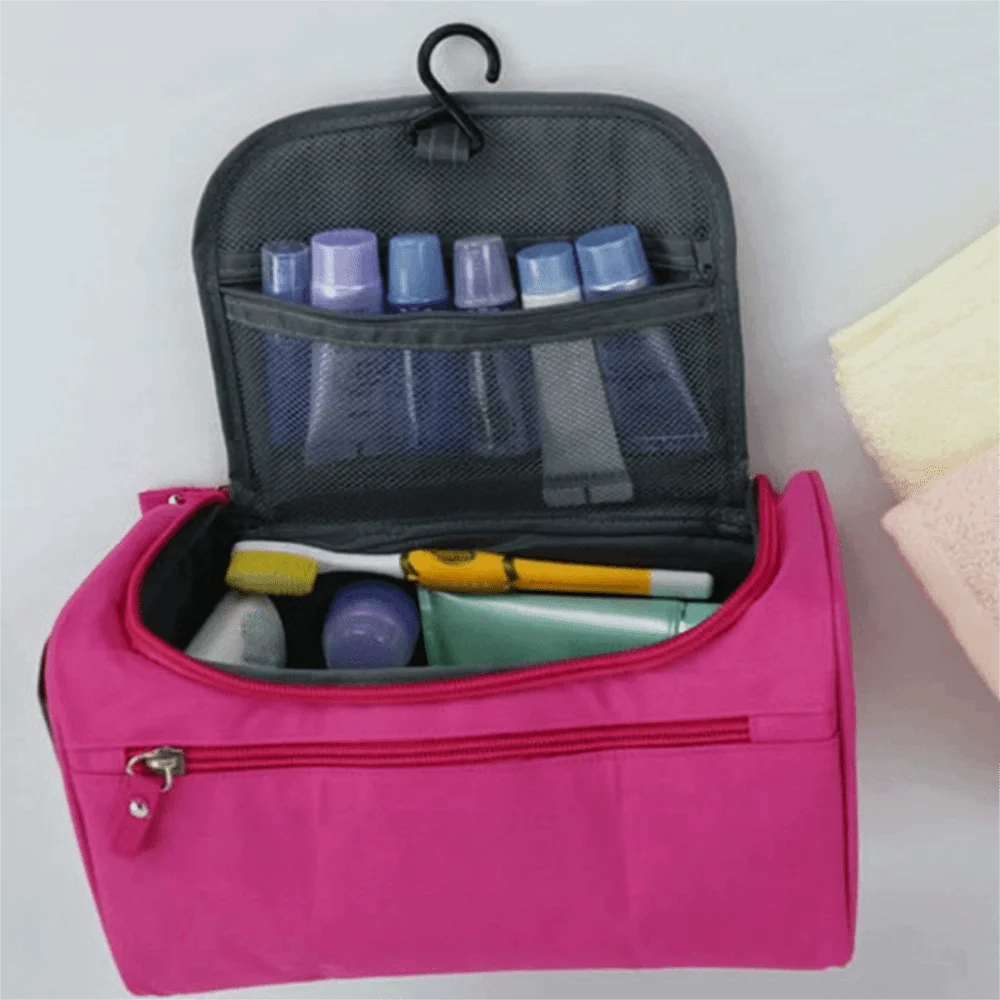 Large Capacity Travel Toiletry Bag Solid Color Nylon Portable Cosmetic Bag Hook Wall Mounted Multi-functional Bath Organizer Bag