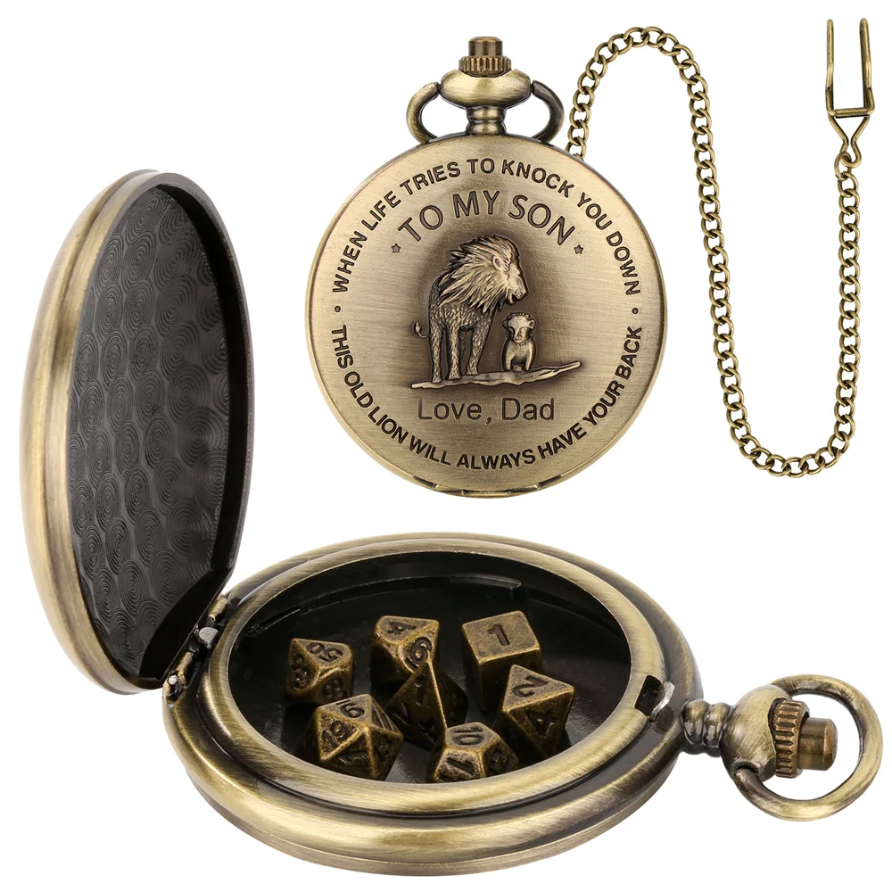 To My Son...Love Dad Retro Lions Pocket Watch Case with Mini Entertainment Dices Pocket Chain Set Birthday Gifts