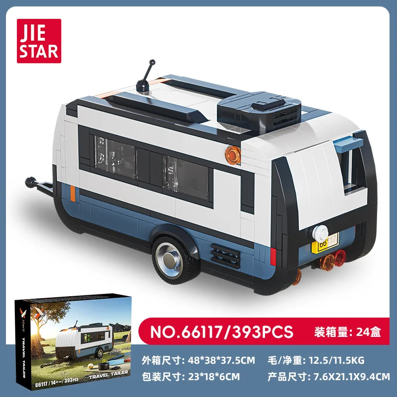 مجموعة مكعبات بناء نموذج مقطورة السفر 66117 مكونة من 393 قطعة، سلسلة سيارات الدفع الرباعي، قطع MOC، ديكور مكتبي، هدية ألعاب للأطفال