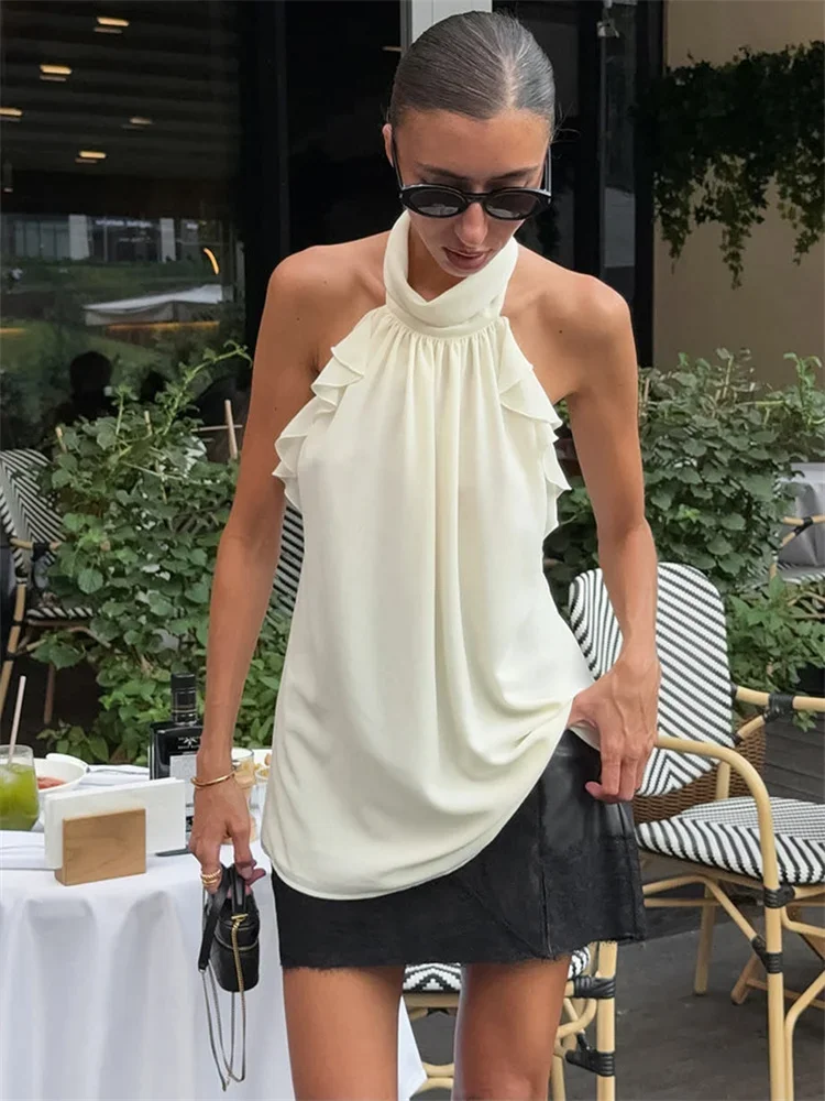 

2026 Casual Ruffled Chiffon T-shirt Top For Women Loose Backless Summer Off-Shoulder Commute Pullover Female Sexy Top Tee
