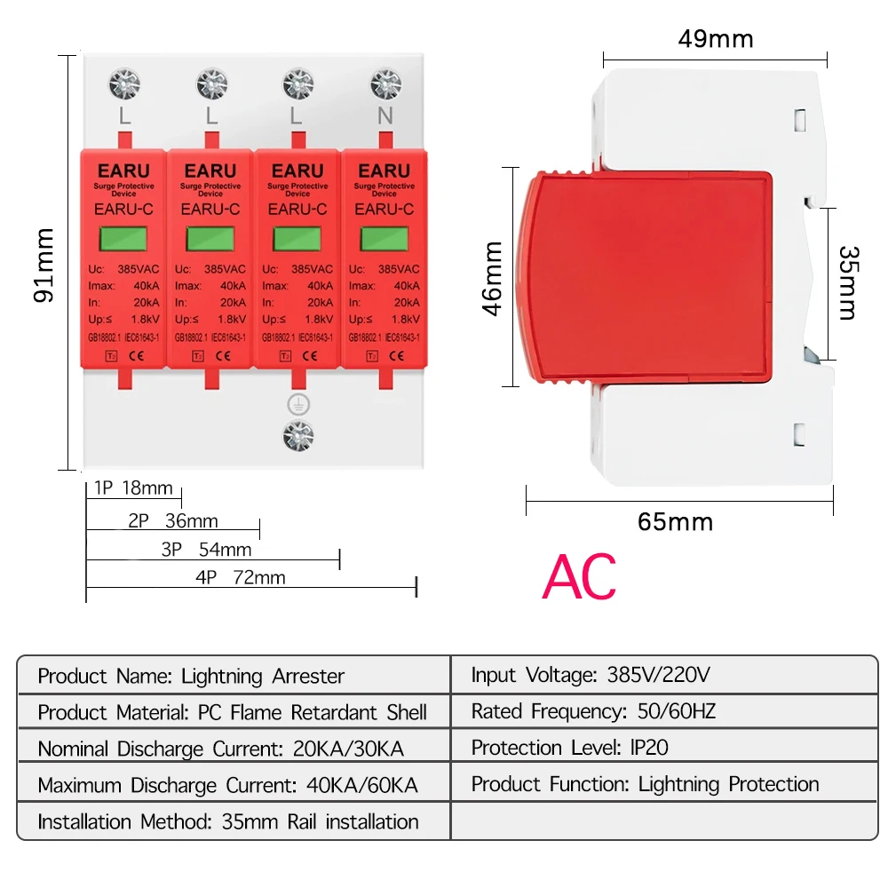 1pc AC SPD 1P 2P 3P 4P 20~40KA 30KA~60KA 385V House Lightning Surge Protector Protective Low-voltage Arrester Device OEM Factory