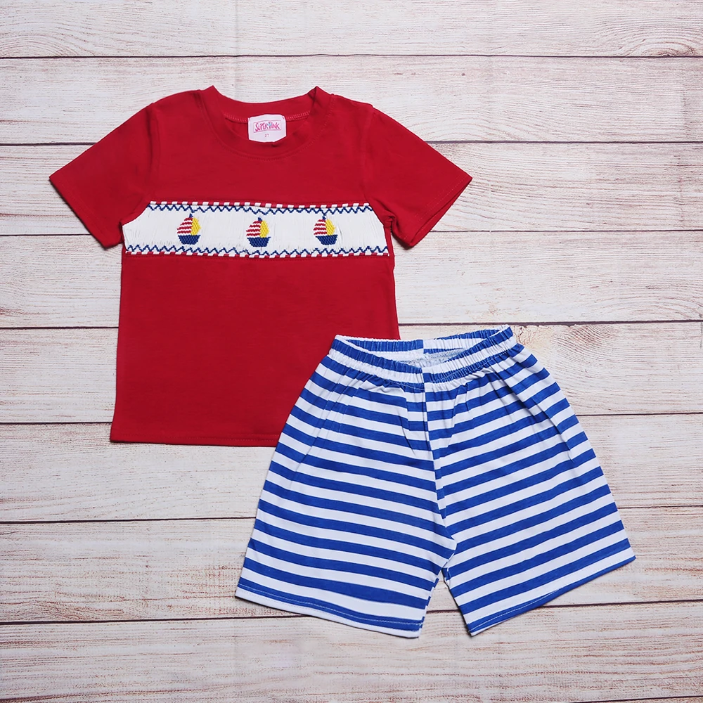 Boutiqe Hand Smock Baby New Cotton Romper Short Sleeved Red T-shirt Set Neck Boat Pattern Boy Top Clothes And Green Boy Set