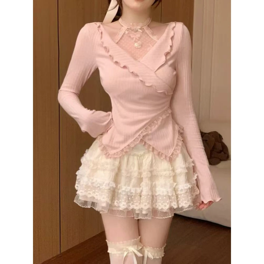 Sweet Lace Half-length Skirt Set Women's High-waist Princess Style Long-sleeve Midi Dress Two-piece Suite Autumn Collection