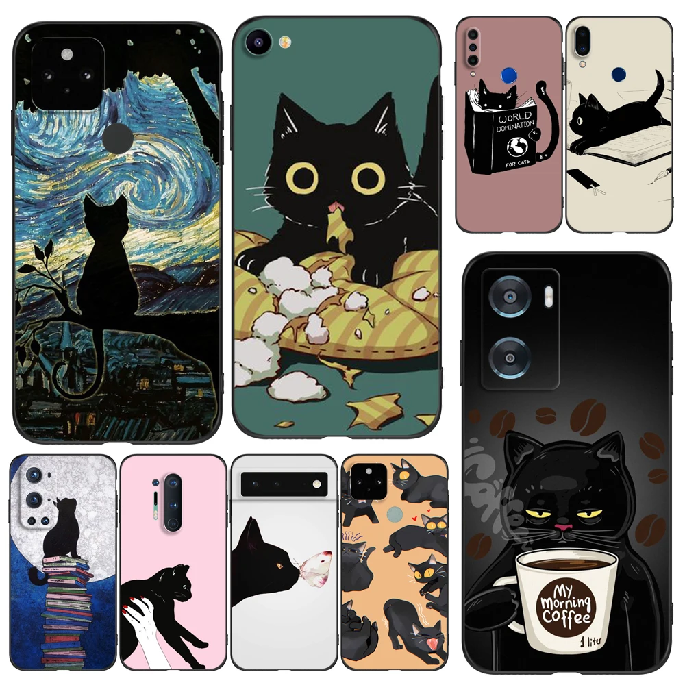 Black Tpu Case For ZTE blade A3 A5 A7 2019 A31 lite plus A51 A71 A7S V2020 L210 L8 smart vita 2022 v30 Cartoon Black Cat