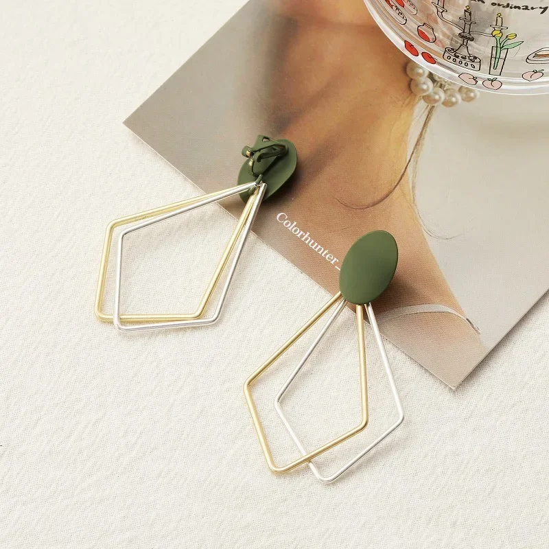 Green Irregular Polygonal French Long Clip on Earrings Temperament Square Geometric No Ear Hole Ear Clip Earrings No Pierced