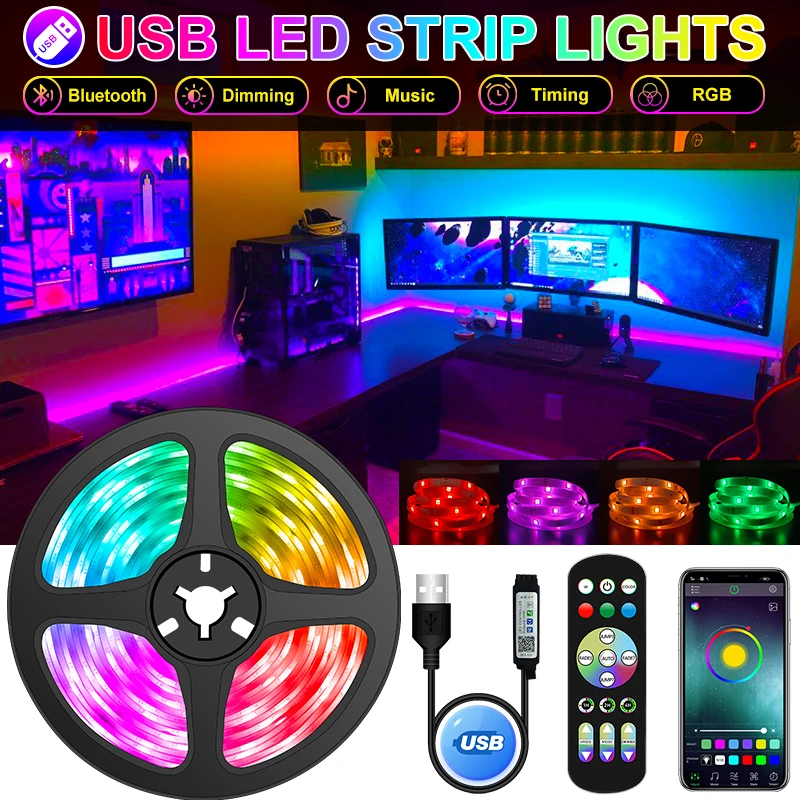 1-30M USB 5050 Led Strip Lights RGB Bluetooth APP Control Luces Led Flexible Diode Decoration For Living Room Lamp Ribbon