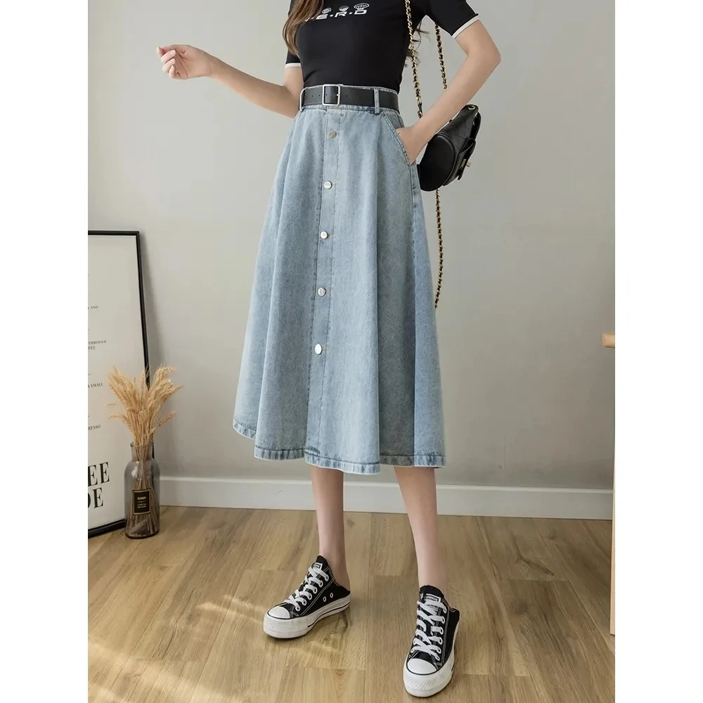 Plus-Size Denim Skirt Women\'s Faldas Mid-Length Black High-Waisted Slimming Single-Breasted A-Line Skirt Ropa De Mujer Dresses