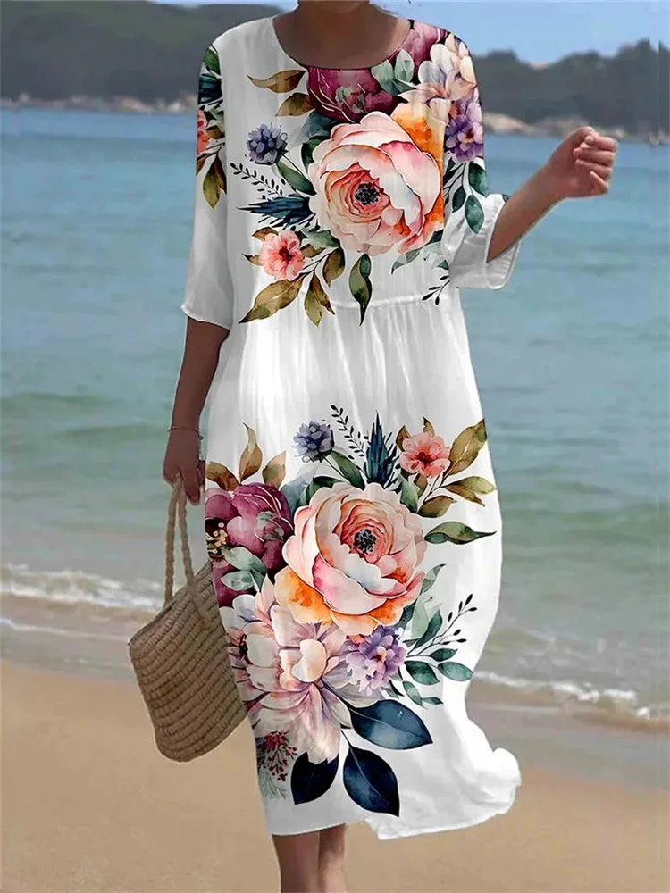 

Women Spring Summer Half Sleeves High Waist Chic Dress Fashion Floral Pleated A Line Bohemian Vacation Style Beach Midi Dress