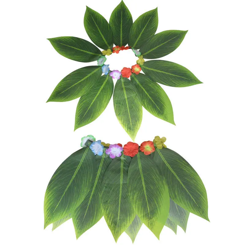 Halloween Hawaiian Leaf Skirt Grass Hula Skirt Tropical Luau Costume Beach Party Outfit with Flower Lei Garland for Women Men