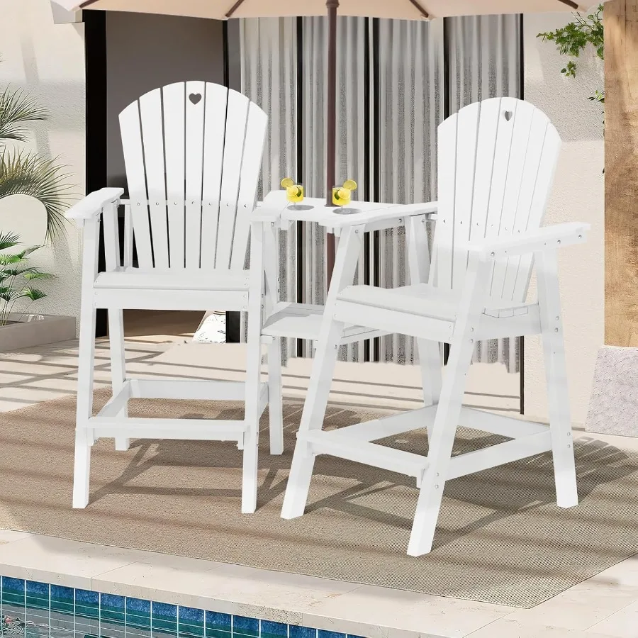 مجموعة كراسي آديرونداك طويلة مكونة من 2 مقاعد بار خارجية متينة HDPE مع صينية توصيل مزدوجة وأثاث فناء مقاوم للطقس لـ Poo