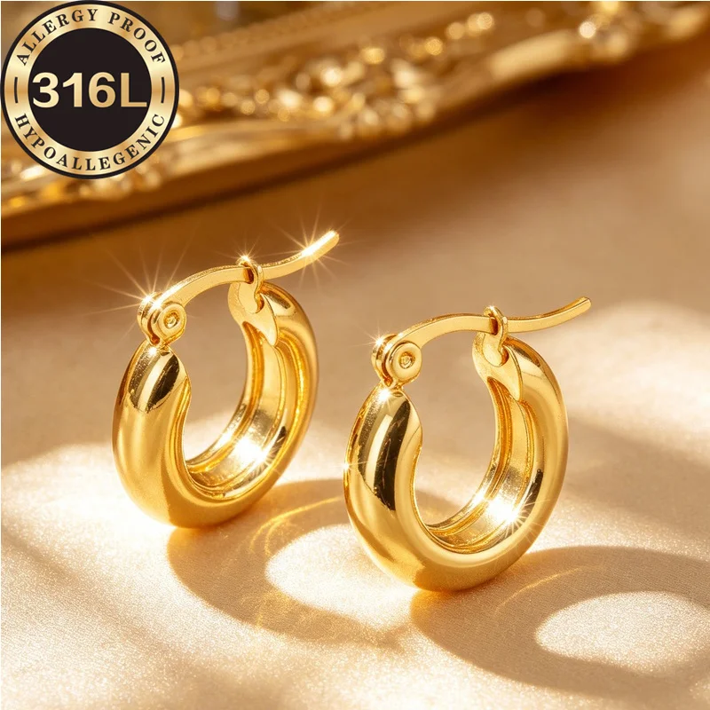 Premium Stainless Steel Hypoallergenic Golden Hemisphere Line Oval Earrings, Anti-Fade