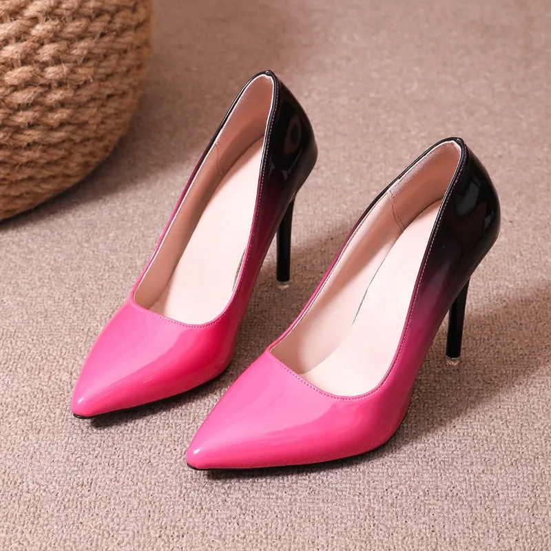 Gradient High Heels for Women's 10cm Sexy Fine Heel Pumps Fashion Party Plus Size 43 Pointed Toe Wed Shoes Patent Leather Dress