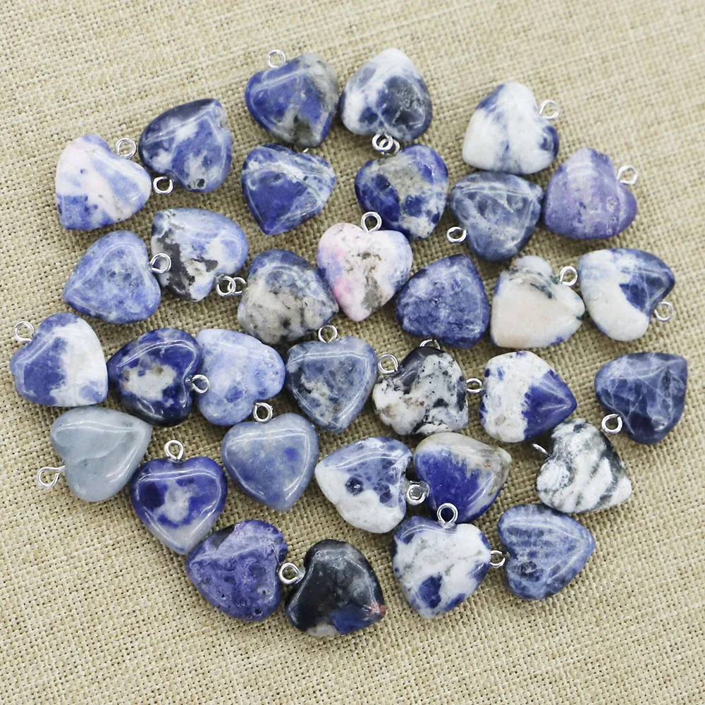 15MM New Natural Stone Blue Heart Silver Necklace Pendant Diy Charms Earrings Fashion Jewelry Making Accessories Wholesale 30Pcs