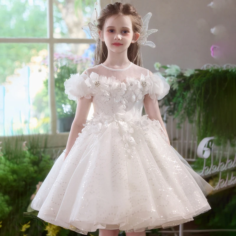 

Белое свадебное вечернее платье с цветочным узором для девочек, изысканные кружевные аппликации, платья принцессы, легкие роскошные платья для выступлений с открытыми плечами