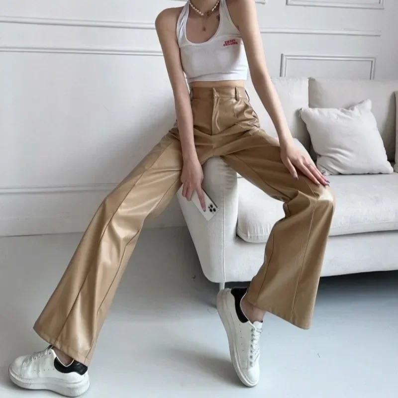 New In Women\'s Pants PU Leather Autumn Winter High Quality Female Trousers Harajuku All Medium G Elastic Korean Fashion Xxl 90s