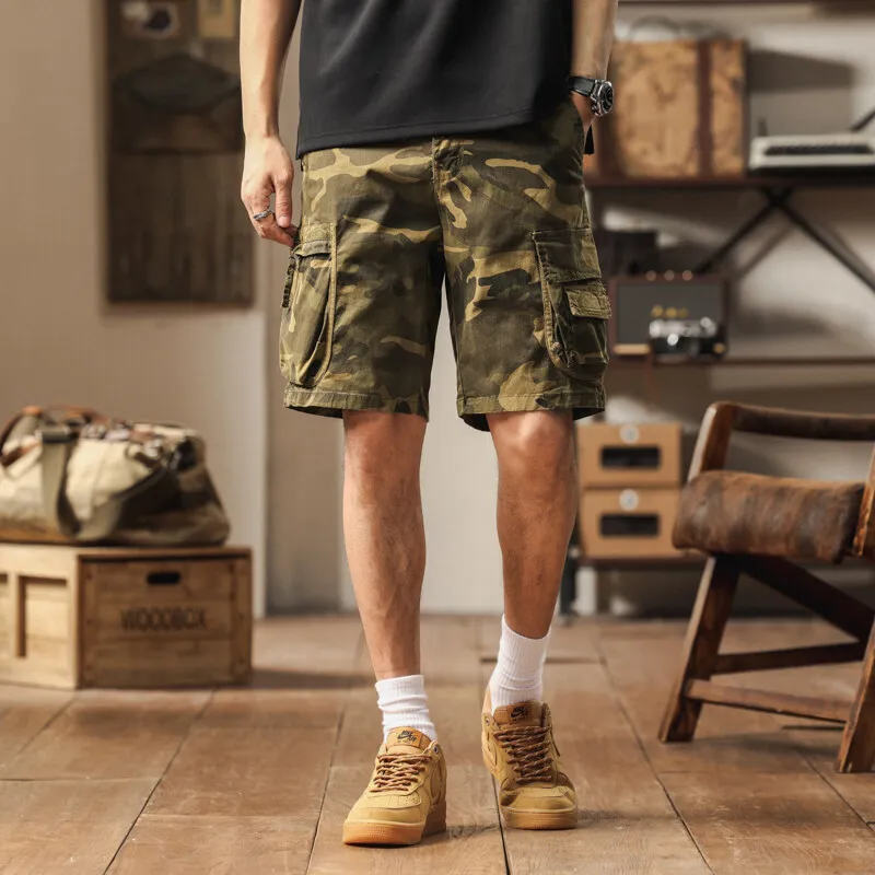 

2025 Mens Summer Daily Cotton Camouflage Camo Cargo Shorts Male Elastic Breathable Waist Knee Length Pocket Military Short Pants