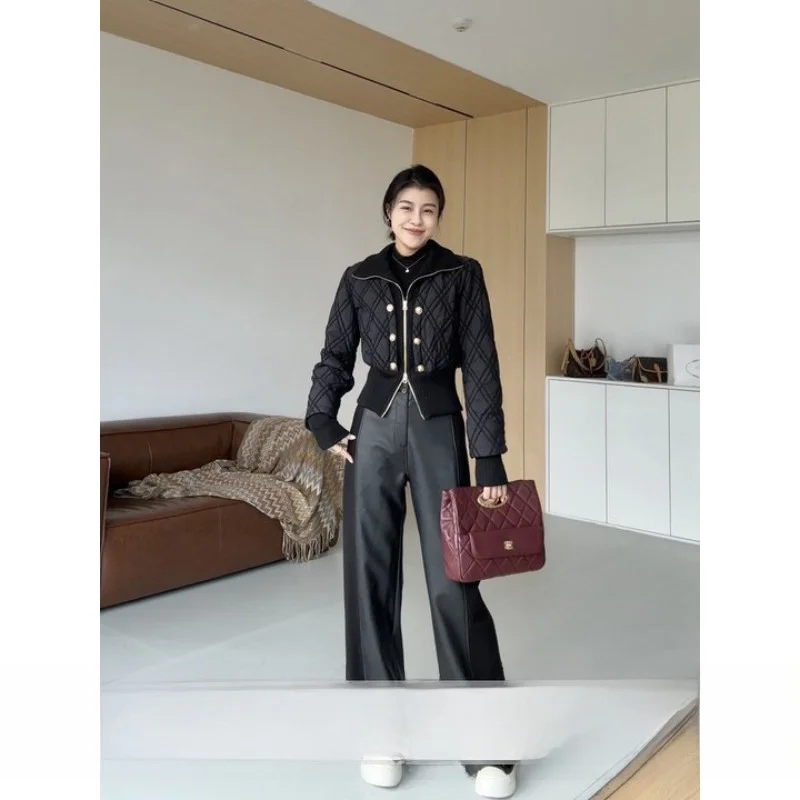 

Zhang a Xing Winter Ele Korean Sle Patchwork Knitted Sve Stand Collar Waist Cinched Warm Outerwear Faion Set