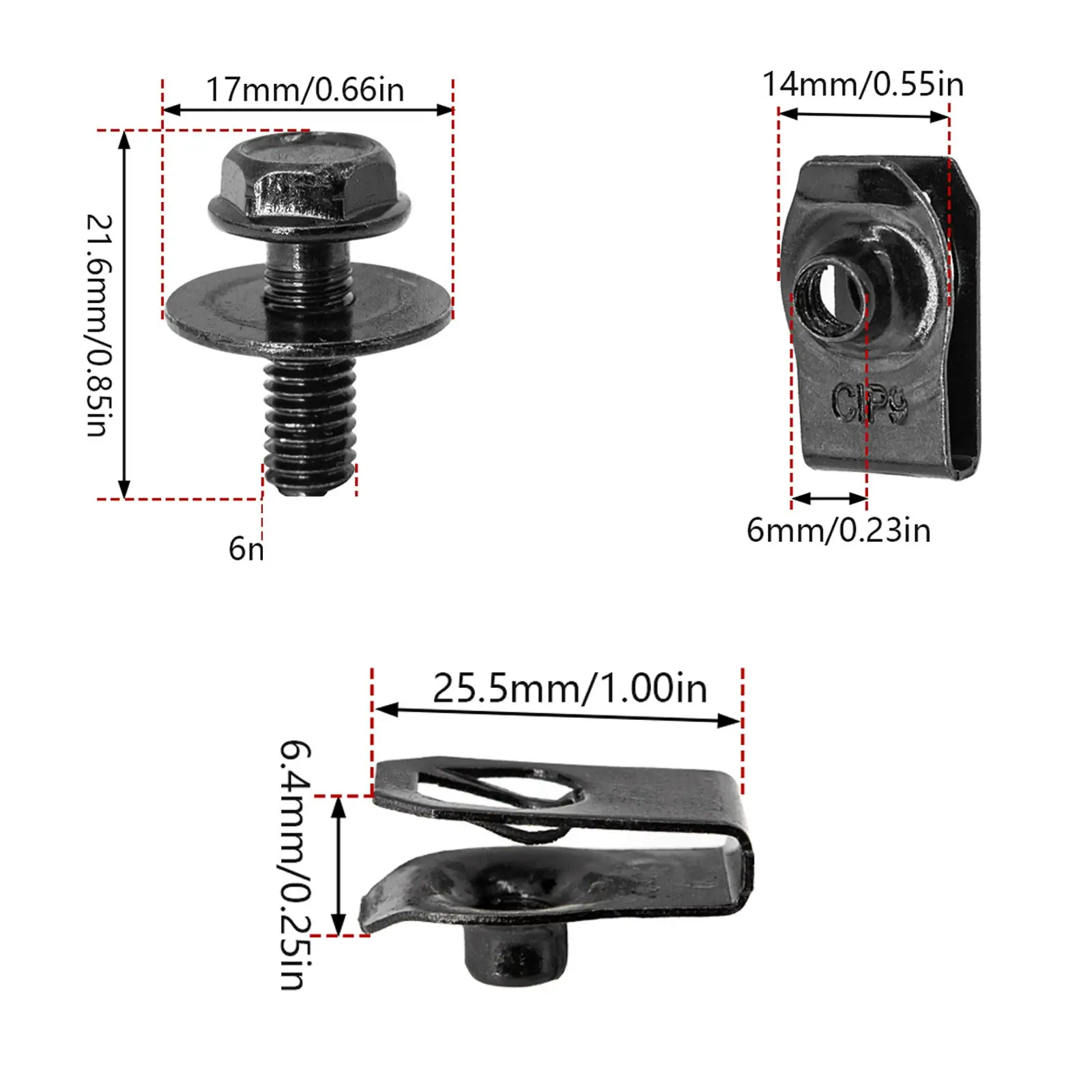 6MM Auto U-Clip Self-Tapping M6 Engine Hood Chassis Cover Protective Body Bumper Fender Lining Fastening Metal Screws