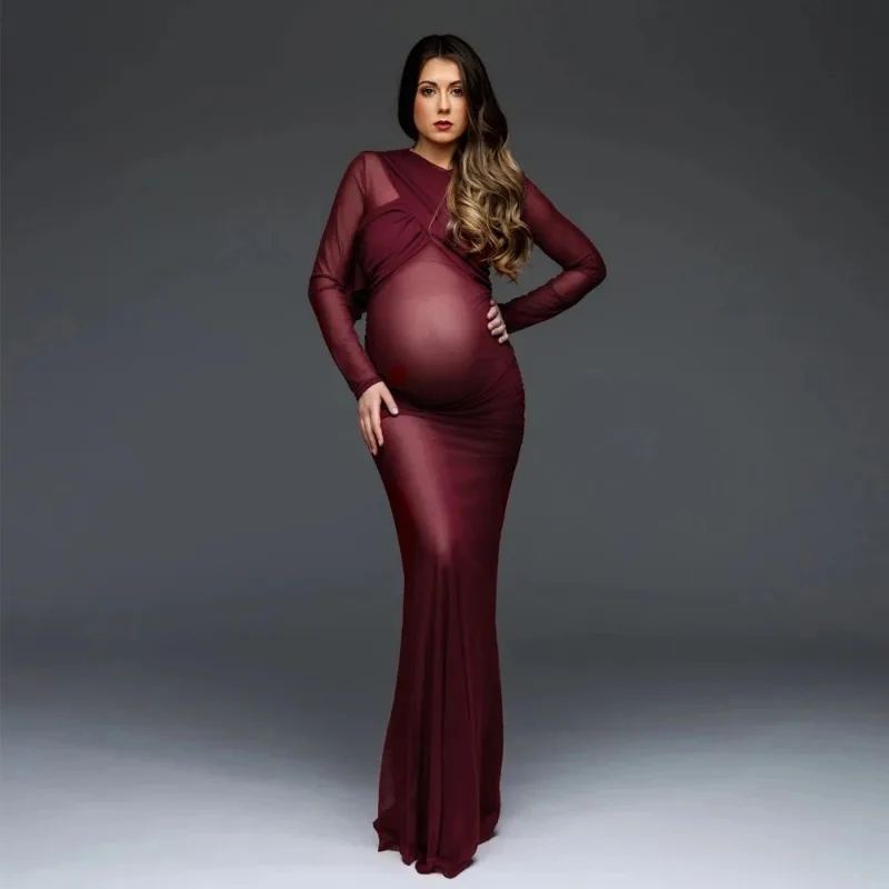 فستان أنيق للتصوير الفوتوغرافي للأمهات بأكمام طويلة ورقبة على شكل حرف V فستان سهرة طويل لحفلات الزفاف وحفلات الزفاف (أبيض/بيج/جملي)