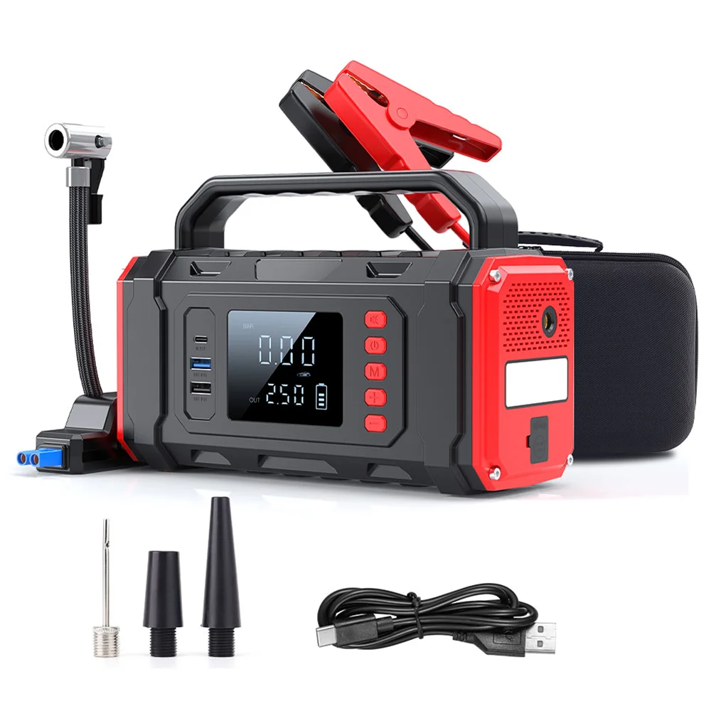 

5‑IN‑1 Portable Car Jump Starter with Air Compressor, Tire Inflator, Power Bank with Fast Charging & LED Light for 12V Emergency