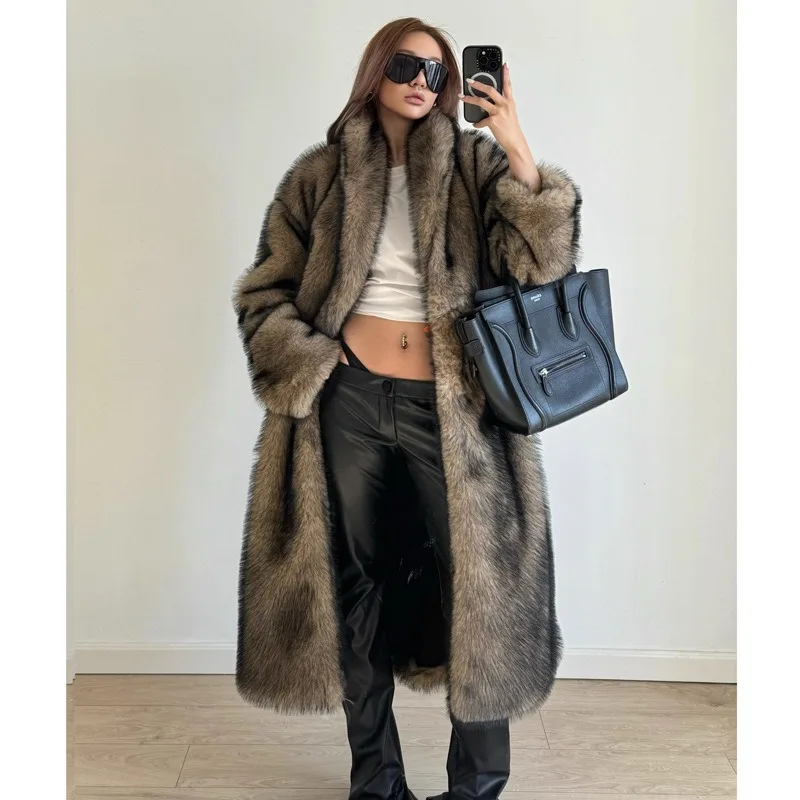Luxury Women's Clothing Winter Long Fur Coats New Faux Wolf Fur Suit Collars Overcoats Windproof Warm Loose Windbreakers