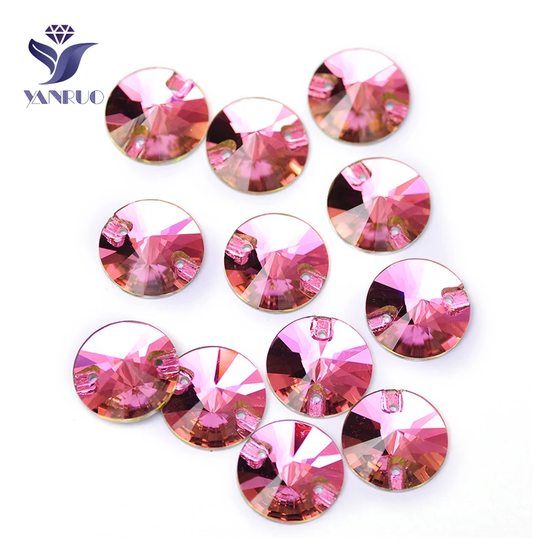 YANRUO 3200 All Sizes Rose Glitter Diamond With 2 Holes Flatback Rivoli Sew On Strass Crystal Rhinestone For Dress