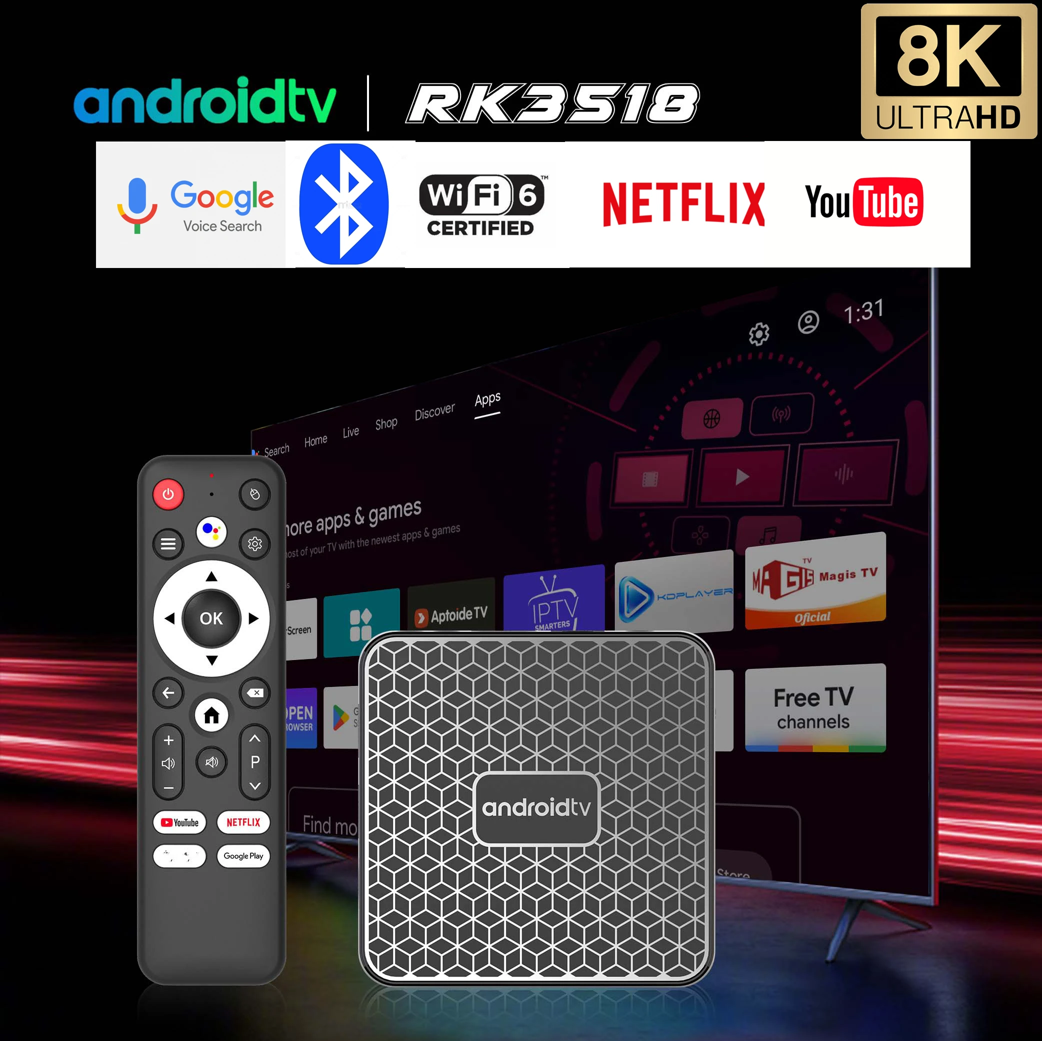 Android 14 TV Box 2,4G/5,8G Dual WIFI Rockchip 3518 WIFI6 BT5 4K Set Top Box reproductor multimedia Youtube controlado por voz