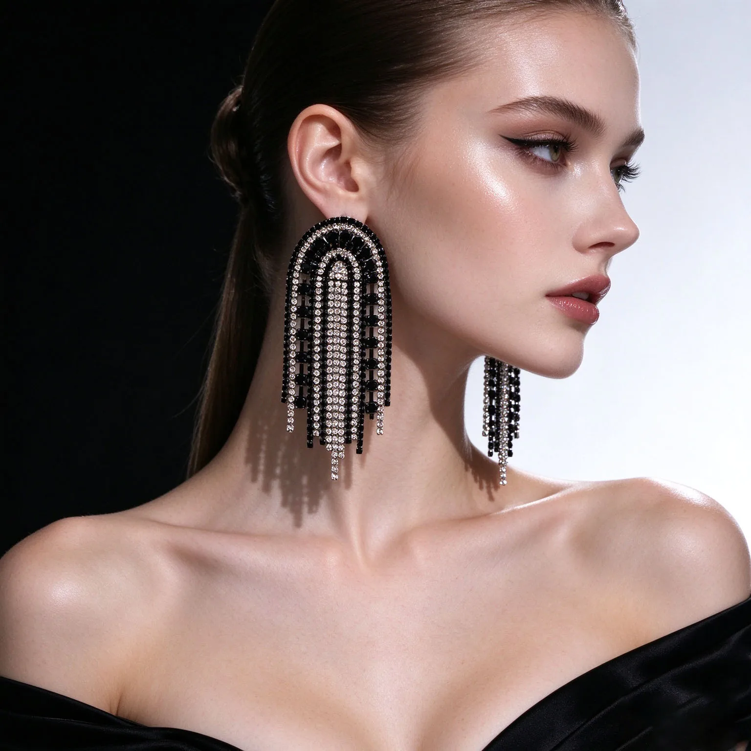 1pc Women Black White Rhinestone Tassel Drop Earrings Oversized Arch Statement Dangle Earrings for Evening Party Prom Jewelry