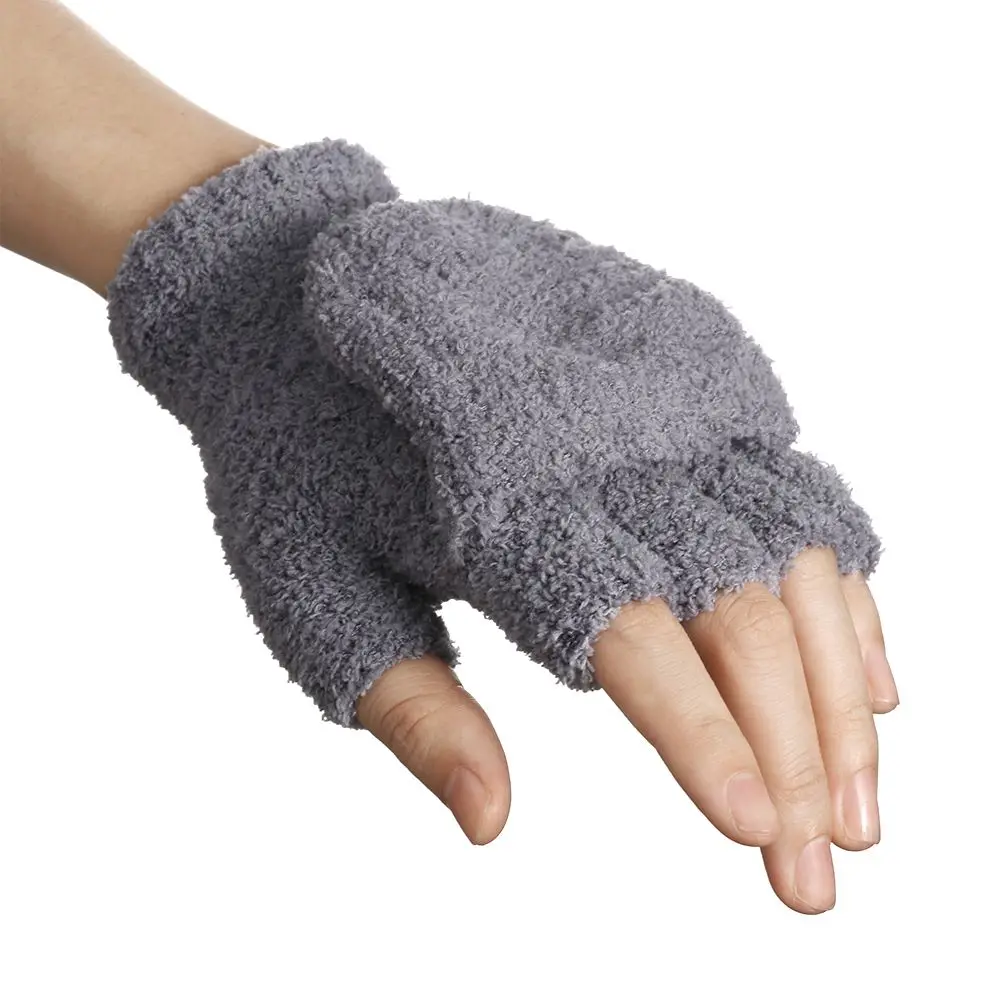 Children Student Thick Warm Winter Half Finger Gloves Convertible Flip Top Knitting Mittens Coral Velvet  Gloves