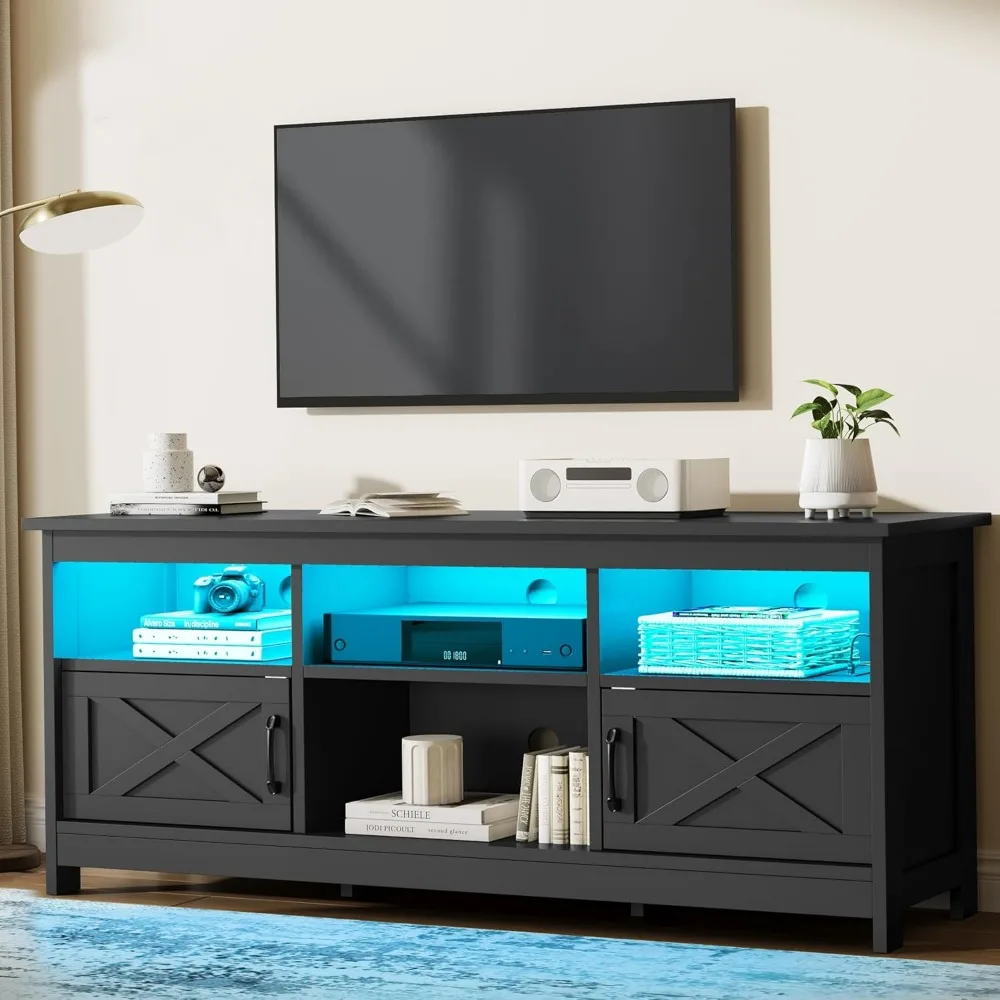 Farmhouse TV Stand with Power Outlet, LED Light Entertainment Center for 65 Inch TVs, TV Cabinet with Storage, Rustic M