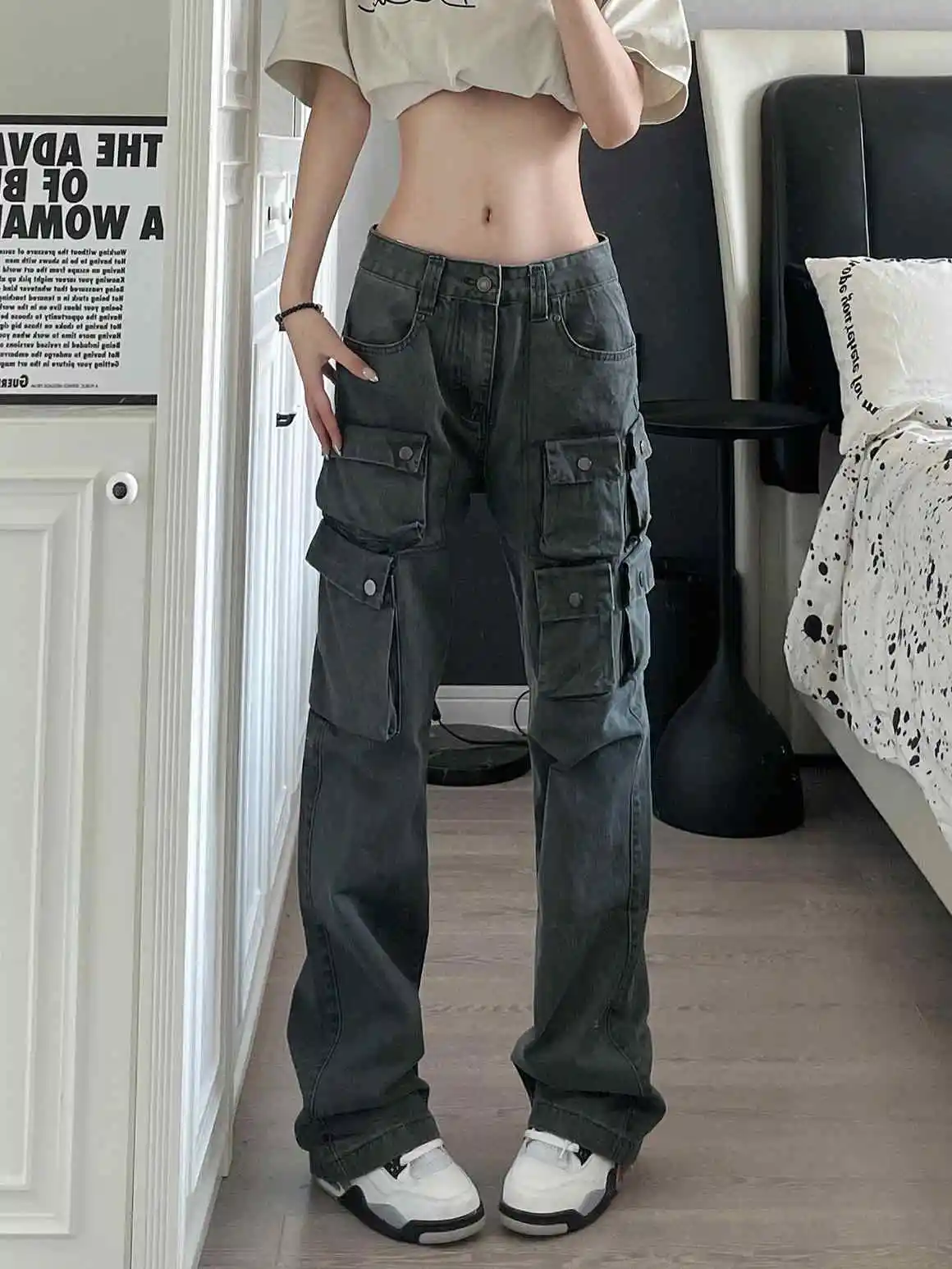 

Plus Size American High Street Military Green Workwear Pants Women's High Waist Straight Leg Loose Wide Leg Casual Jeans
