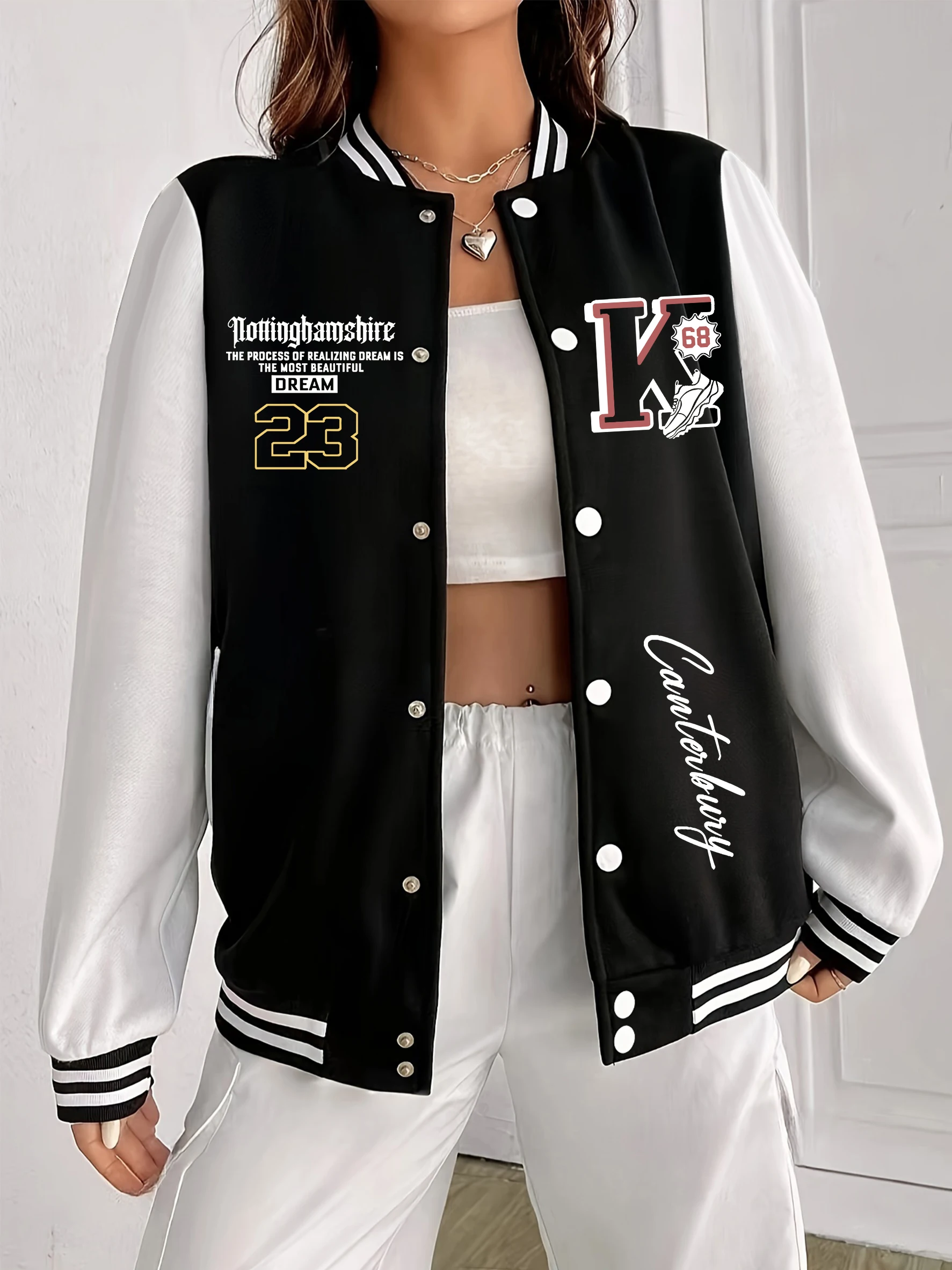 

Dream 23 Letter K Printing Baseball Uniform Women Casual Fleece Jacket American Y2K Coat Autumn Oversized Female Clothes
