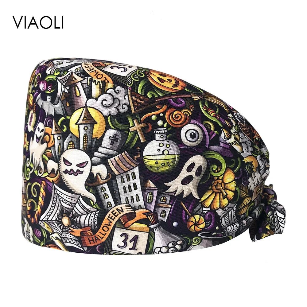 VIAOLI 100% Cotton Surgical Caps Printed Tieback Elastic Section Nurse Scrub Cap for Men Women Hospital Medical Hats New Arrival